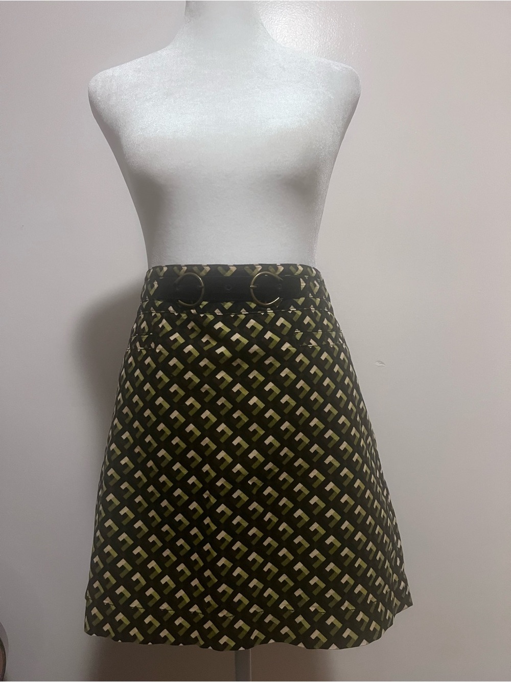 LOFT Olive and Black Geometric A-Line Skirt with Ring Waist